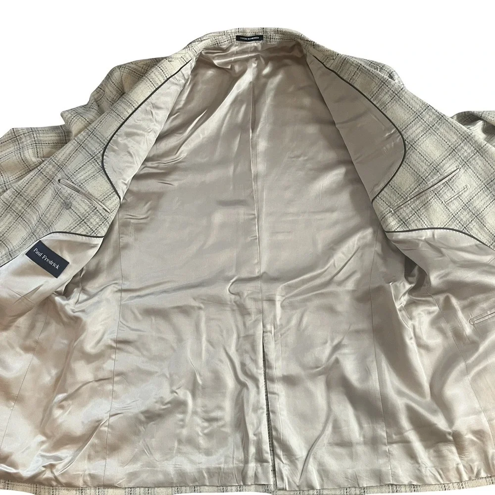 Paul Fredrick Men's Size 48L Blazer Suit Jacket Cream Ivory Plaid Elbow Patch
